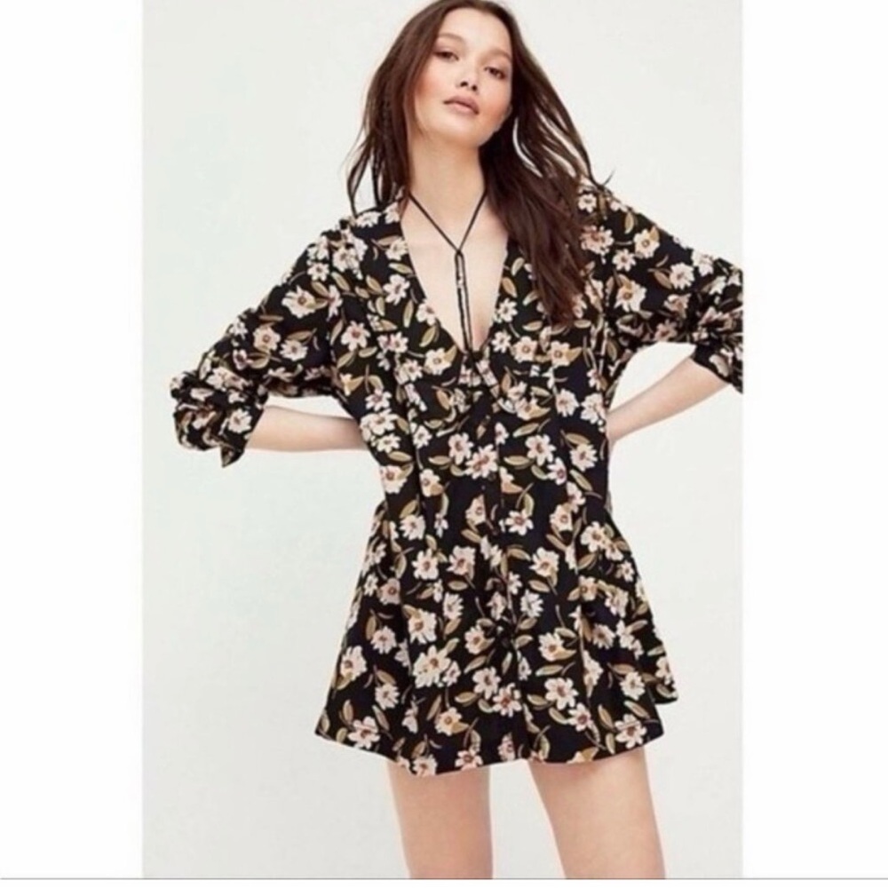 Free People Charlie Floral Printed Button Down Tunic Top Black XS Boho Oversized